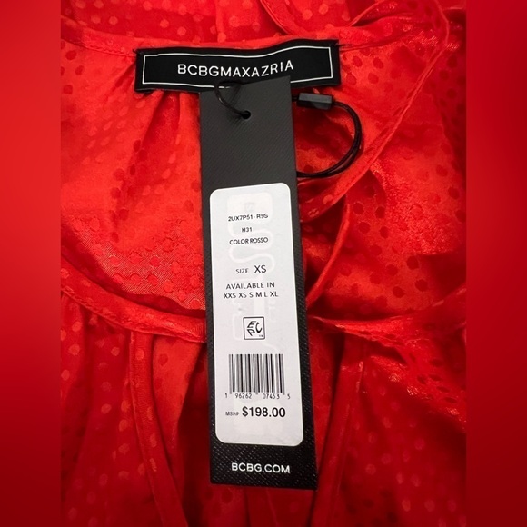 BCBGMAXAZRIA Red Long Puffed Sleeve Tie Front Smocked Waist Tiered Dress Sz XS - Picture 8 of 16